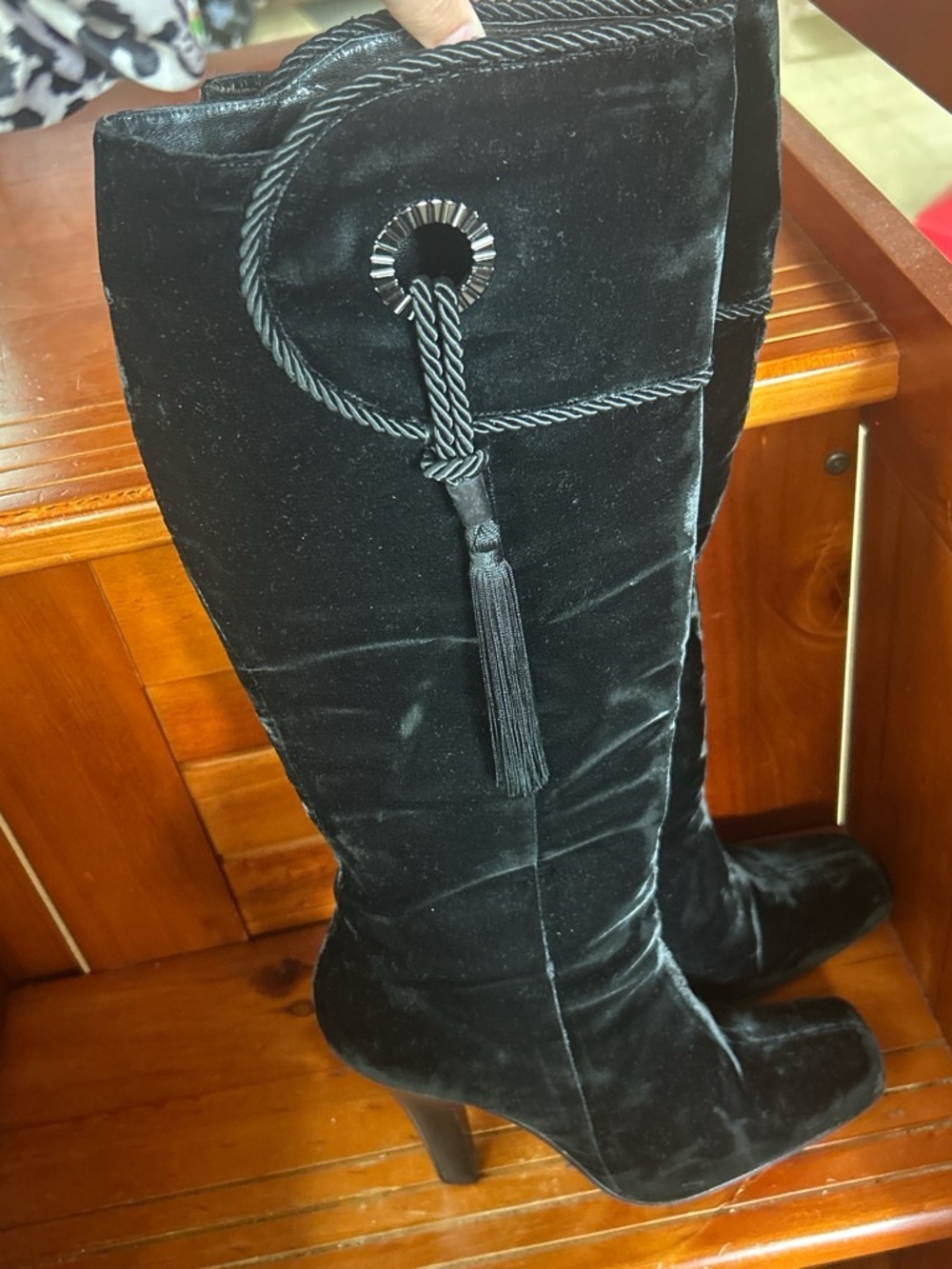 Black Velvet High Heel Knee Boots with Tassel Detail